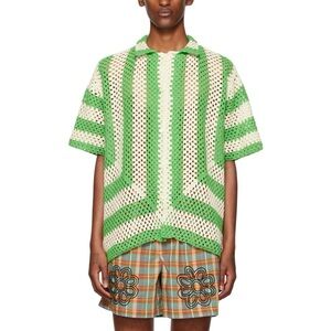 Bode Crochet Shirt (Sz S/M) Flagship Short Sleeve Button Up Striped Green Cream